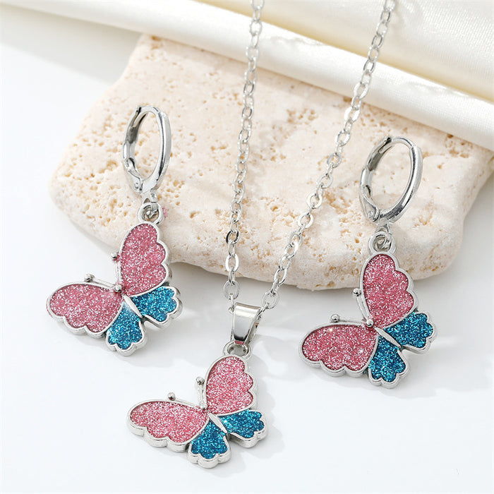 Silver Tone Pink and Blue Glitter Butterfly Necklace and Earrings