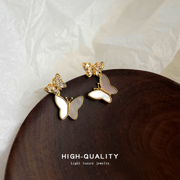 Gold Double Butterfly Earrings Crystal Shell Drops
