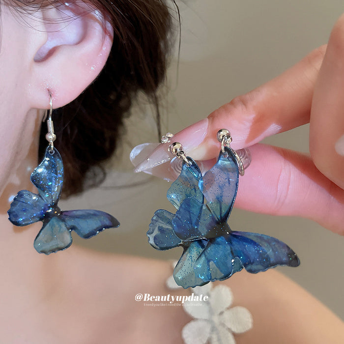 Blue Butterfly Drop Earrings in Clip On and Hook Styles