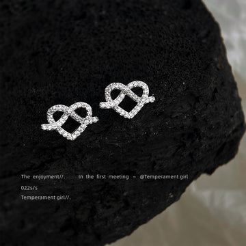 Silver Tone Clear Stone Double Heart Pretzel Knot Stud Earrings