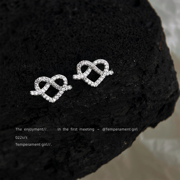 Silver Tone Clear Stone Double Heart Pretzel Knot Stud Earrings