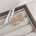 Gold Tone Pink Tulip And Green Stem Stud Earrings For Women view 4