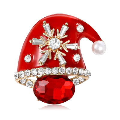 Front view of red enamel santa hat brooch with crystal snowflake