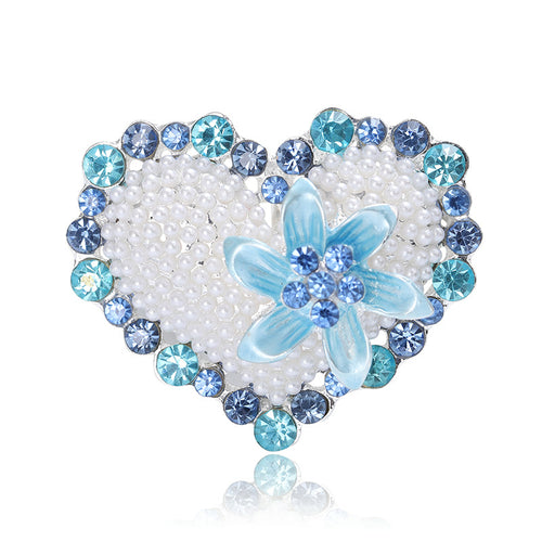 Blue pearl heart brooch with light blue enamel flower and blue rhinestones