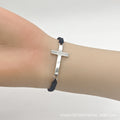 Black Braided Cord Adjustable Silver Bar Cross Bracelet view 3