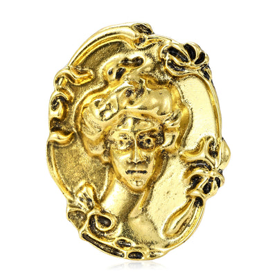 Front view of the embossed woman portrait brooch