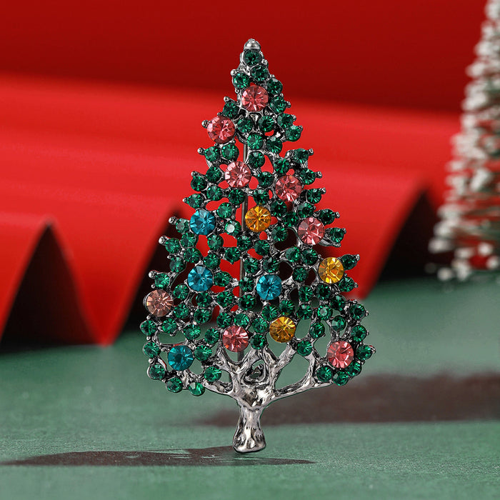Silver Tone Hollow Christmas Tree Brooch Green Multicolor Stones