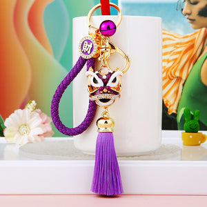 Lion Dance Head Tassel Keychain in Enamel and Rhinestone, 23 Color Choices