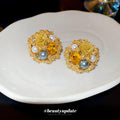 Gold Tone Round Floral Stud Earrings With Pearl Like Accents view 2