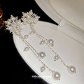 White Floral Pearl Tassel Drop Earrings With Decorative Details view 2