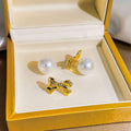 Gold and Silver Bow Pearl Look Two Way Stud Earrings view 2