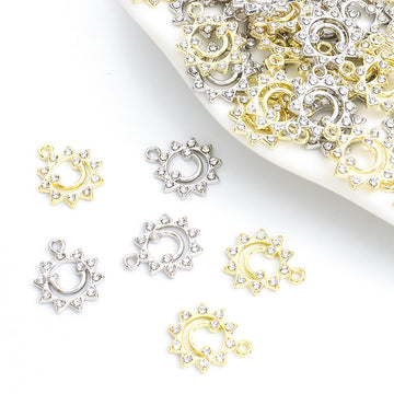 Rhinestone Sun Face Open Circle Pendant Charms in Two Finishes