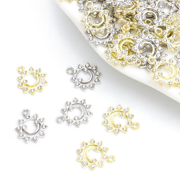 Rhinestone Sun Face Open Circle Pendant Charms in Two Finishes