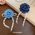 Denim Rose Flower Hair Clips Pearl Tassel Two Blues view 4