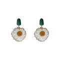 Dark Green Top Clear Disc And White Daisy Drop Stud Earrings view 5