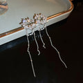 Silver Tone Crystal Crescent Pearl Chain Tassel Clip Earrings view 6