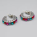 Rainbow Crystal Half Hoop Stud Earrings in Silver Tone view 5