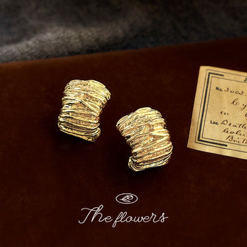 Gold Textured Wrinkled Geometric Clip Style Stud Earrings
