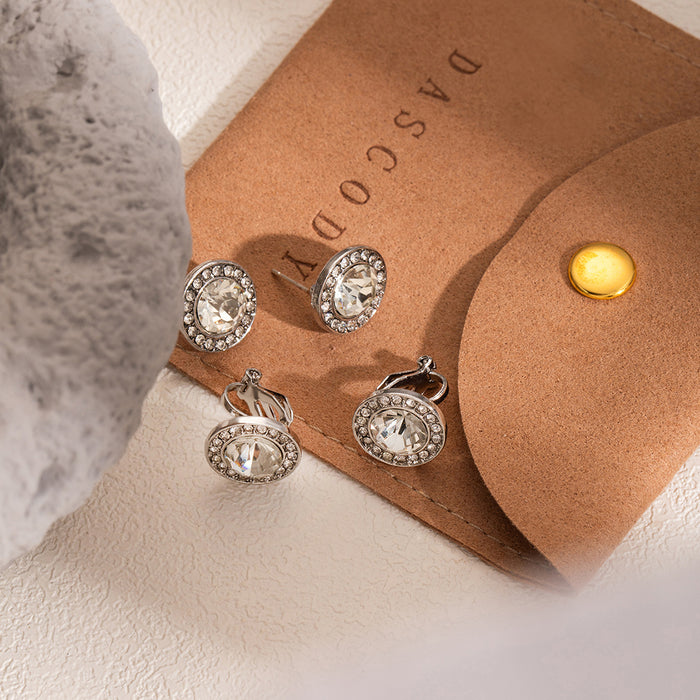 Silver Tone Round Clear Stone Halo Clip and Stud Earrings
