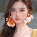 Orange Raffia Flower Statement Stud Earrings Decorative Jewelry Pair view 4