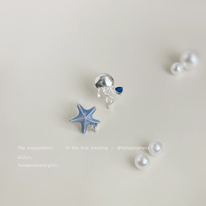 Silver Tone Blue Starfish And Jellyfish Asymmetric Stud Earrings