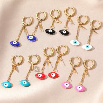 Gold Huggie Evil Eye Chain Drop Earrings 6 Color Styles
