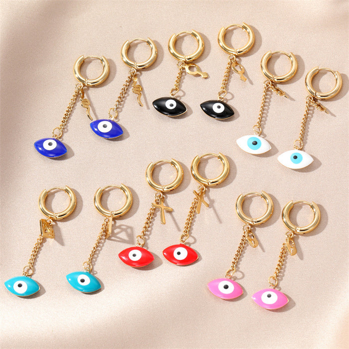 Gold Huggie Evil Eye Chain Drop Earrings 6 Color Styles