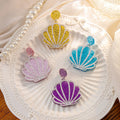 Pink Glitter Seashell Drop Earrings Round Post Silver Outline view 1