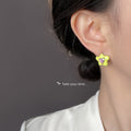Bright Pink Enamel Flower Stud Earrings Green Heart CZ view 2