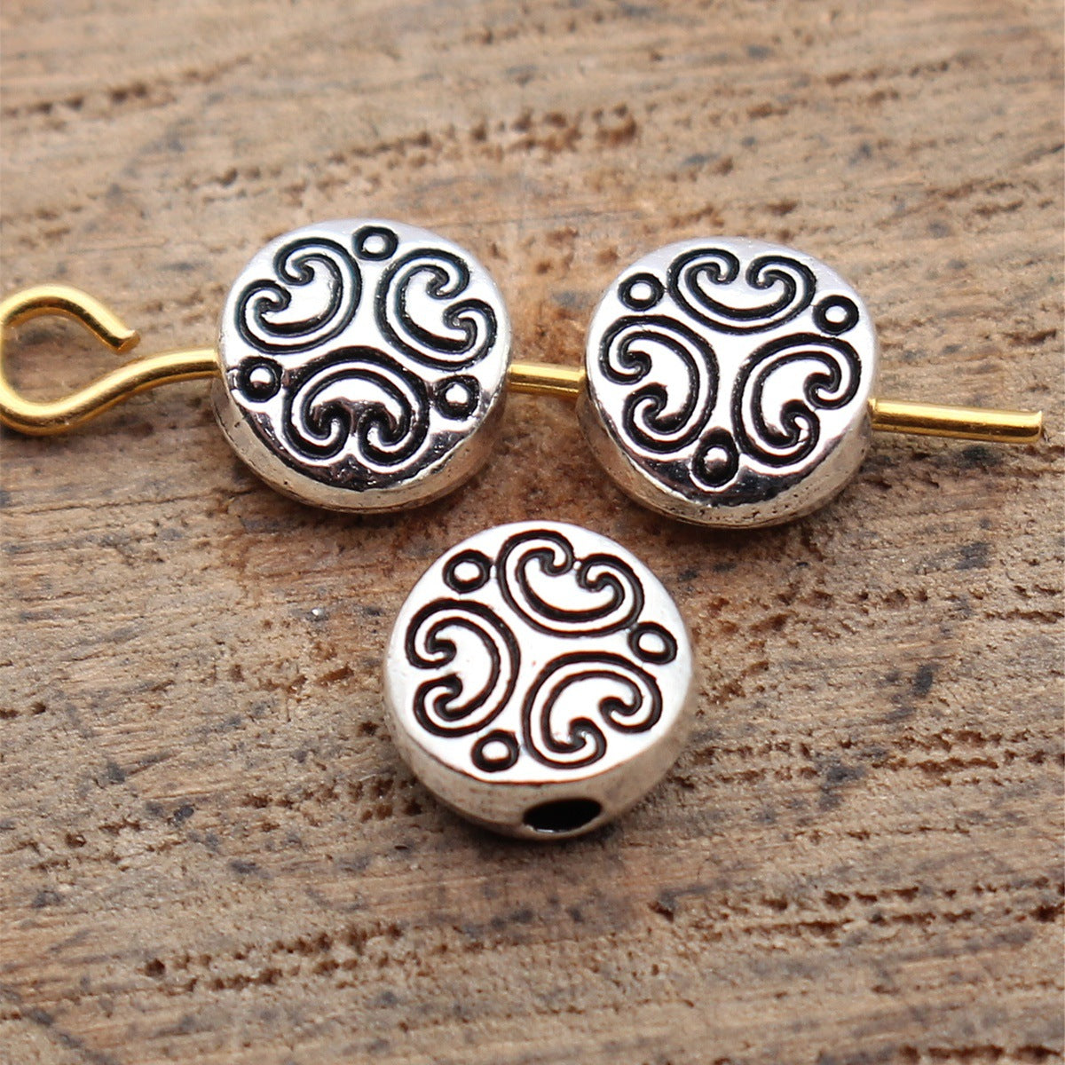 6.5x6.5x3mm 0.38g Antique Silver Tone Zinc Alloy Round Vintage Texture Loose Metal Beads for DIY Jewelry