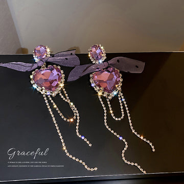 Purple Crystal Bow Heart Tassel Earrings Fashion Jewelry Accessories