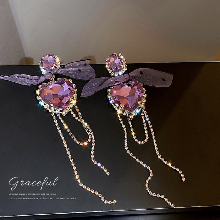 Purple Crystal Bow Heart Tassel Earrings Fashion Jewelry Accessories