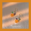 Orange Fruit Dangle Earrings Flower Leaf Accents Gold Hooks view 1