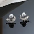 Silver Tone Leaf Stud Earrings With Gray And White Pearl Tops view 5