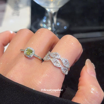 Silver Open Rings Wave Crystal And Green Square Stone