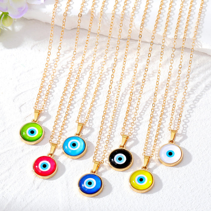 Gold Tone Small Round Evil Eye Pendant Necklaces in Seven Colors