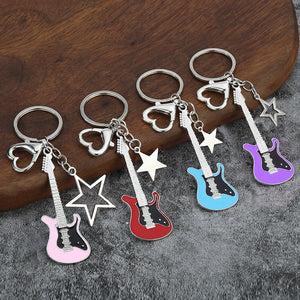 Metal Guitar Keychain With Star Charm And Heart Clasp, 24 Styles