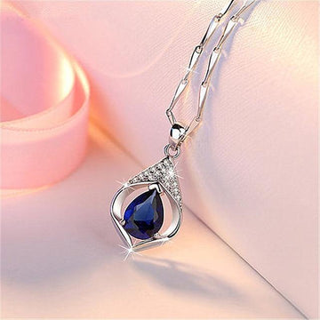 Silver Tone Blue Teardrop Pendant Necklace With Geometric Chain