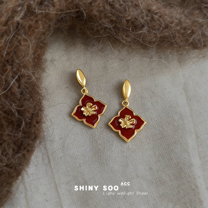 Gold Tone Burgundy Four Petal Flower Long Drop Stud Earrings