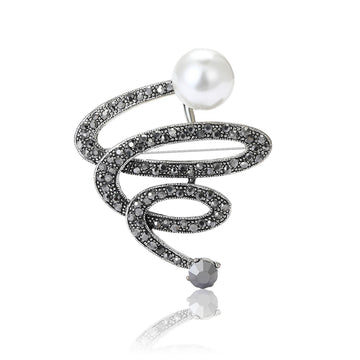 Spiral Crystal Brooch With White Pearl and Drop Accent