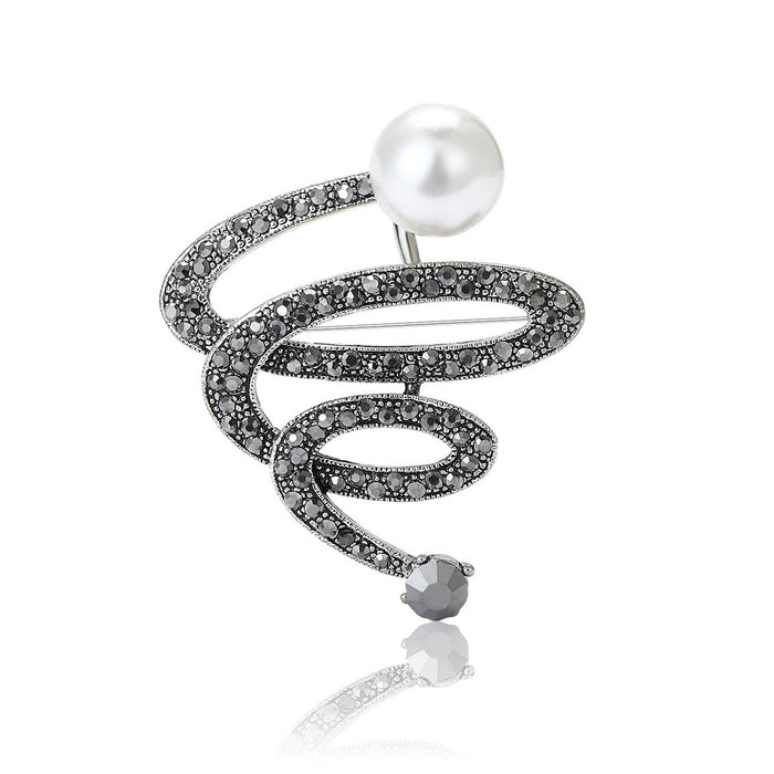 Spiral Crystal Brooch With White Pearl and Drop Accent
