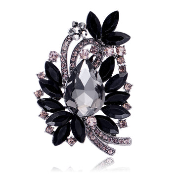 Black White Flower Crystal Metal Brooch Pin 5 x 7.2 cm