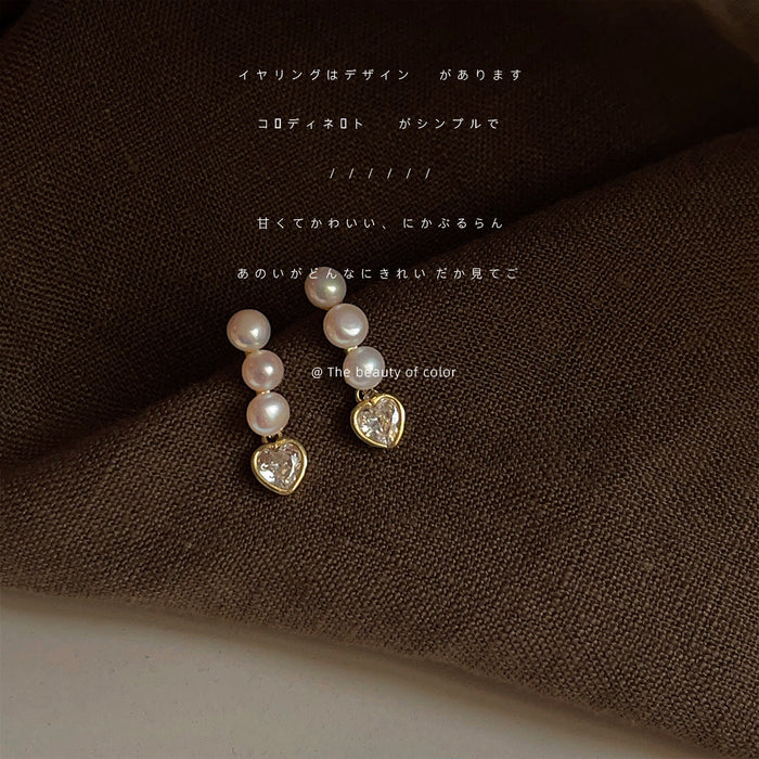 Gold Tone Triple Pearl And Clear Heart Drop Stud Earrings