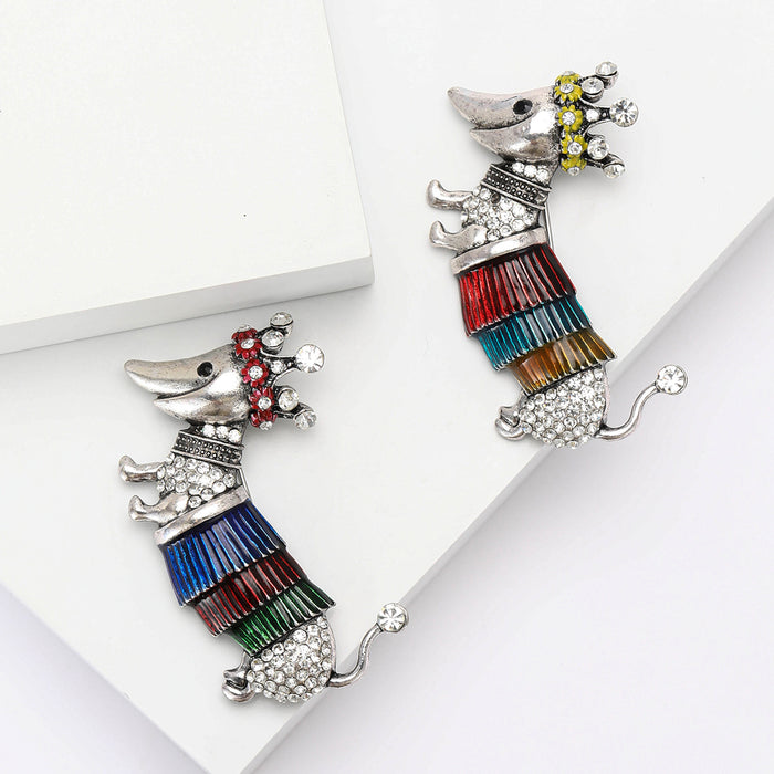 Striped Crowned Dachshund Enamel Brooch in Two Colorways