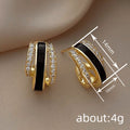 Gold Tone Black Enamel Clear Crystal Curved U Earrings view 4