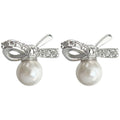 Silver Tone Clear Stone Bow And White Pearl Drop Stud Earrings view 5