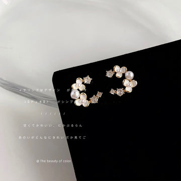 Gold C-Curve White Flower Pearl Clear CZ Stud Earrings