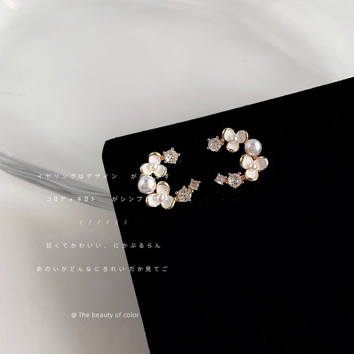 Gold C-Curve White Flower Pearl Clear CZ Stud Earrings