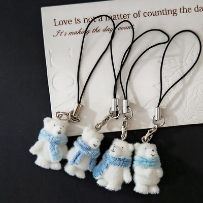 Main product view of white Flocked Polar Bear Phone Charms in Four Scarf Styles