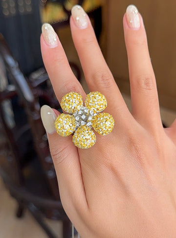 Gold Zircon Pave Flower Statement Ring And Stud Earrings